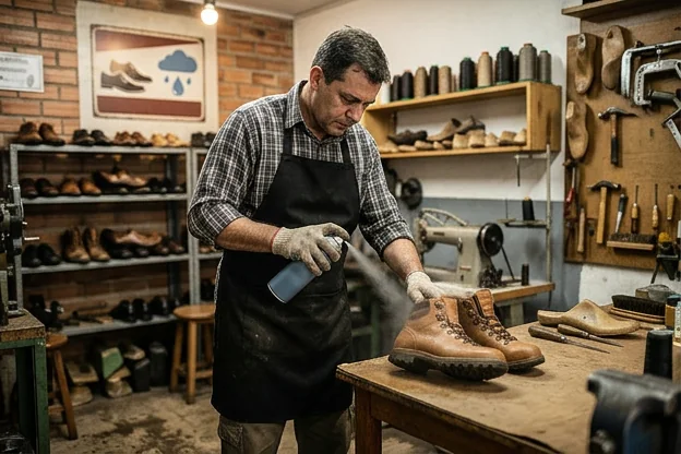 Técnico aplicando impermeabilizante em um par de sapatos em uma oficina.