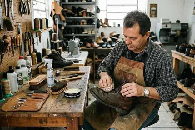 Técnico aplicando impermeabilizante em um sapato, em um ambiente de trabalho.