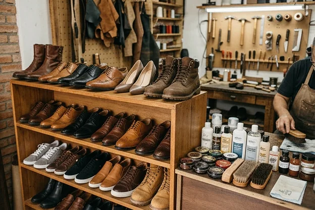 Um conjunto de sapatos bem cuidados expostos, com produtos de limpeza ao lado.