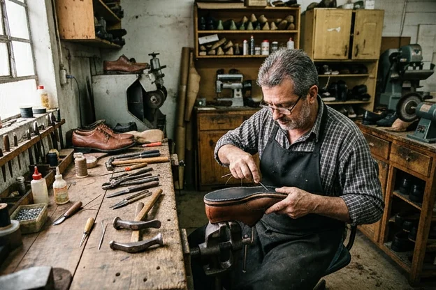 Sapateiro trabalhando na troca de solado de um sapato, com ferramentas ao redor.