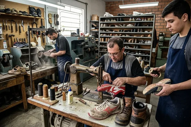 Técnico ajustando o reparo de um tênis, concentrado no trabalho.