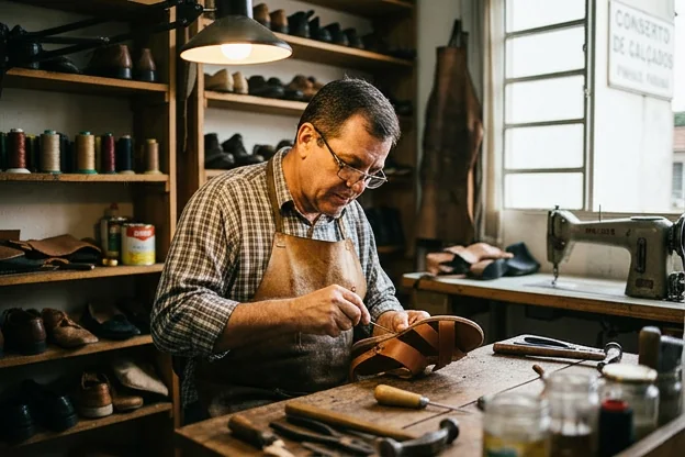 Técnico ajustando uma sandália em processo de conserto, com materiais ao redor.