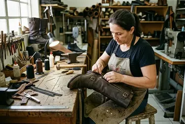 Técnico ajustando um zíper de bota, usando equipamentos adequados.