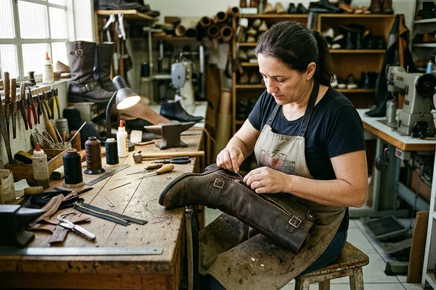 Técnico ajustando um zíper de bota, usando equipamentos adequados.